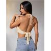imageMakeMeChic Womens Crochet Halter Top Tie Open Back Metal Ring Draped Front Y2k Rave Festival TopsBeige