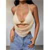 imageMakeMeChic Womens Crochet Halter Top Tie Open Back Metal Ring Draped Front Y2k Rave Festival TopsBeige