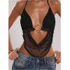 imageMakeMeChic Womens Crochet Halter Top Tie Open Back Metal Ring Draped Front Y2k Rave Festival TopsBlack
