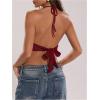 imageMakeMeChic Womens Crochet Halter Top Tie Open Back Metal Ring Draped Front Y2k Rave Festival TopsBurgundy