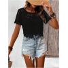 imageMakeMeChic Womens Floral Guipure Lace Sheer See Through Short Sleeve Round Neck Crop Top Tee ShirtsBlack