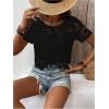imageMakeMeChic Womens Floral Guipure Lace Sheer See Through Short Sleeve Round Neck Crop Top Tee ShirtsBlack