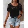 imageMakeMeChic Womens Floral Guipure Lace Sheer See Through Short Sleeve Round Neck Crop Top Tee ShirtsBlack