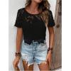 imageMakeMeChic Womens Floral Guipure Lace Sheer See Through Short Sleeve Round Neck Crop Top Tee ShirtsBlack