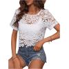 imageMakeMeChic Womens Floral Guipure Lace Sheer See Through Short Sleeve Round Neck Crop Top Tee ShirtsWhite