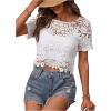 imageMakeMeChic Womens Floral Guipure Lace Sheer See Through Short Sleeve Round Neck Crop Top Tee ShirtsWhite