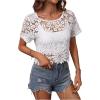 imageMakeMeChic Womens Floral Guipure Lace Sheer See Through Short Sleeve Round Neck Crop Top Tee ShirtsWhite