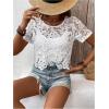 imageMakeMeChic Womens Floral Guipure Lace Sheer See Through Short Sleeve Round Neck Crop Top Tee ShirtsWhite Asymmetrical