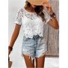 imageMakeMeChic Womens Floral Guipure Lace Sheer See Through Short Sleeve Round Neck Crop Top Tee ShirtsWhite Asymmetrical