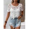 imageMakeMeChic Womens Floral Guipure Lace Sheer See Through Short Sleeve Round Neck Crop Top Tee ShirtsWhite Asymmetrical
