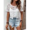 imageMakeMeChic Womens Floral Guipure Lace Sheer See Through Short Sleeve Round Neck Crop Top Tee ShirtsWhite Asymmetrical