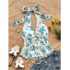 imageMakeMeChic Womens Floral Print Halter Top Shirred Lettuce Trim Knot Front Summer ShirtGreen