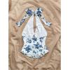 imageMakeMeChic Womens Floral Print Halter Top Shirred Lettuce Trim Knot Front Summer ShirtMulticolor