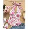 imageMakeMeChic Womens Floral Print Halter Top Shirred Lettuce Trim Knot Front Summer ShirtPink