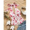imageMakeMeChic Womens Floral Print Halter Top Shirred Lettuce Trim Knot Front Summer ShirtRed and White