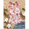 imageMakeMeChic Womens Floral Print Halter Top Shirred Lettuce Trim Knot Front Summer ShirtRed and White