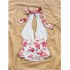 imageMakeMeChic Womens Floral Print Halter Top Shirred Lettuce Trim Knot Front Summer ShirtRed and White