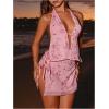 imageMakeMeChic Womens Floral Sequin Halter Top Tie Backless Slim Fitted Summer Crop TopsLight Pink