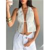 imageMakeMeChic Womens Floral Textured Halter Top Sleeveless Tie Back Elegant Cami Crop TopsWhite B