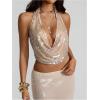 imageMakeMeChic Womens Going Out Tops Sexy Deep V Cowl Neck Blackless Sequin Halter TopKhaki