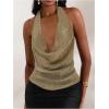 imageMakeMeChic Womens Going Out Tops Sexy Deep V Cowl Neck Blackless Sequin Halter TopOlive Green