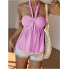 imageMakeMeChic Womens Halter Tops Ruched Backless Ruffle Hem Shirred Going Out Tank TopHot Pink
