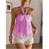 imageMakeMeChic Womens Halter Tops Ruched Backless Ruffle Hem Shirred Going Out Tank TopHot Pink