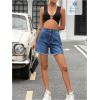 imageMakeMeChic Womens High Waist Jean Shorts Casual Raw Hem Straight Leg Summer Denim ShortsDark Blue