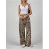 imageMakeMeChic Womens Leopard Print Wide Leg Pants Elastic Waist Button Front Y2K TrousersBrown