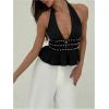 imageMakeMeChic Womens Metal Halter Tops Open Back Ruffle Hem Sleeveless Tank ClubwearBlack
