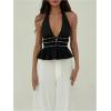imageMakeMeChic Womens Metal Halter Tops Open Back Ruffle Hem Sleeveless Tank ClubwearBlack