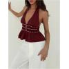 imageMakeMeChic Womens Metal Halter Tops Open Back Ruffle Hem Sleeveless Tank ClubwearBurgundy
