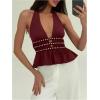imageMakeMeChic Womens Metal Halter Tops Open Back Ruffle Hem Sleeveless Tank ClubwearBurgundy