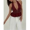 imageMakeMeChic Womens Metal Halter Tops Open Back Ruffle Hem Sleeveless Tank ClubwearBurgundy