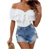 imageMakeMeChic Womens Off The Shoulder Tops Short Sleeve Tie Front Ruffle Layer Tee Shirts BlouseWhite