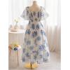 imageMakeMeChic Womens Plus Size Dress Floral Square Neck Short Sleeve A Line Shirred Boho Maxi DressesBlue and White