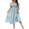 imageMakeMeChic Womens Plus Size Floral Print Short Sleeve Maxi Dress Square Neck Shirred High Waist Summer A Line DressBaby Blue