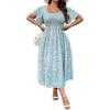 imageMakeMeChic Womens Plus Size Floral Print Short Sleeve Maxi Dress Square Neck Shirred High Waist Summer A Line DressBaby Blue