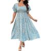 imageMakeMeChic Womens Plus Size Floral Print Short Sleeve Maxi Dress Square Neck Shirred High Waist Summer A Line DressBaby Blue