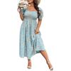 imageMakeMeChic Womens Plus Size Floral Print Short Sleeve Maxi Dress Square Neck Shirred High Waist Summer A Line DressBaby Blue