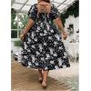 imageMakeMeChic Womens Plus Size Floral Print Short Sleeve Maxi Dress Square Neck Shirred High Waist Summer A Line DressBlack