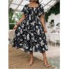 imageMakeMeChic Womens Plus Size Floral Print Short Sleeve Maxi Dress Square Neck Shirred High Waist Summer A Line DressBlack