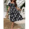 imageMakeMeChic Womens Plus Size Floral Print Short Sleeve Maxi Dress Square Neck Shirred High Waist Summer A Line DressBlack