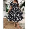 imageMakeMeChic Womens Plus Size Floral Print Short Sleeve Maxi Dress Square Neck Shirred High Waist Summer A Line DressBlack