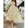 imageMakeMeChic Womens Plus Size Floral Print Short Sleeve Maxi Dress Square Neck Shirred High Waist Summer A Line DressYellow