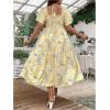 imageMakeMeChic Womens Plus Size Floral Print Short Sleeve Maxi Dress Square Neck Shirred High Waist Summer A Line DressYellow