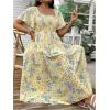 imageMakeMeChic Womens Plus Size Floral Print Short Sleeve Maxi Dress Square Neck Shirred High Waist Summer A Line DressYellow