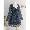 imageMakeMeChic Womens Plus Size Lace Leopard Print Dress Bell Sleeve Bow Front Dress Mini Party DressesBlue