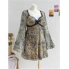 imageMakeMeChic Womens Plus Size Lace Leopard Print Dress Bell Sleeve Bow Front Dress Mini Party DressesFloral Multi