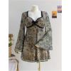 imageMakeMeChic Womens Plus Size Lace Leopard Print Dress Bell Sleeve Bow Front Dress Mini Party DressesFloral Multi